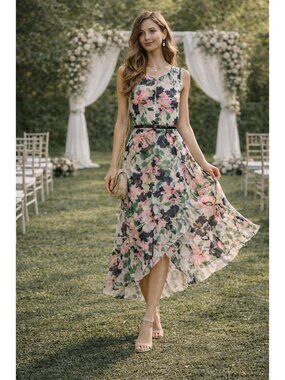 Tommy Hilfiger Floral Chiffon Wrap Midi Dress With Slip Pink/Green Size 6 NWT